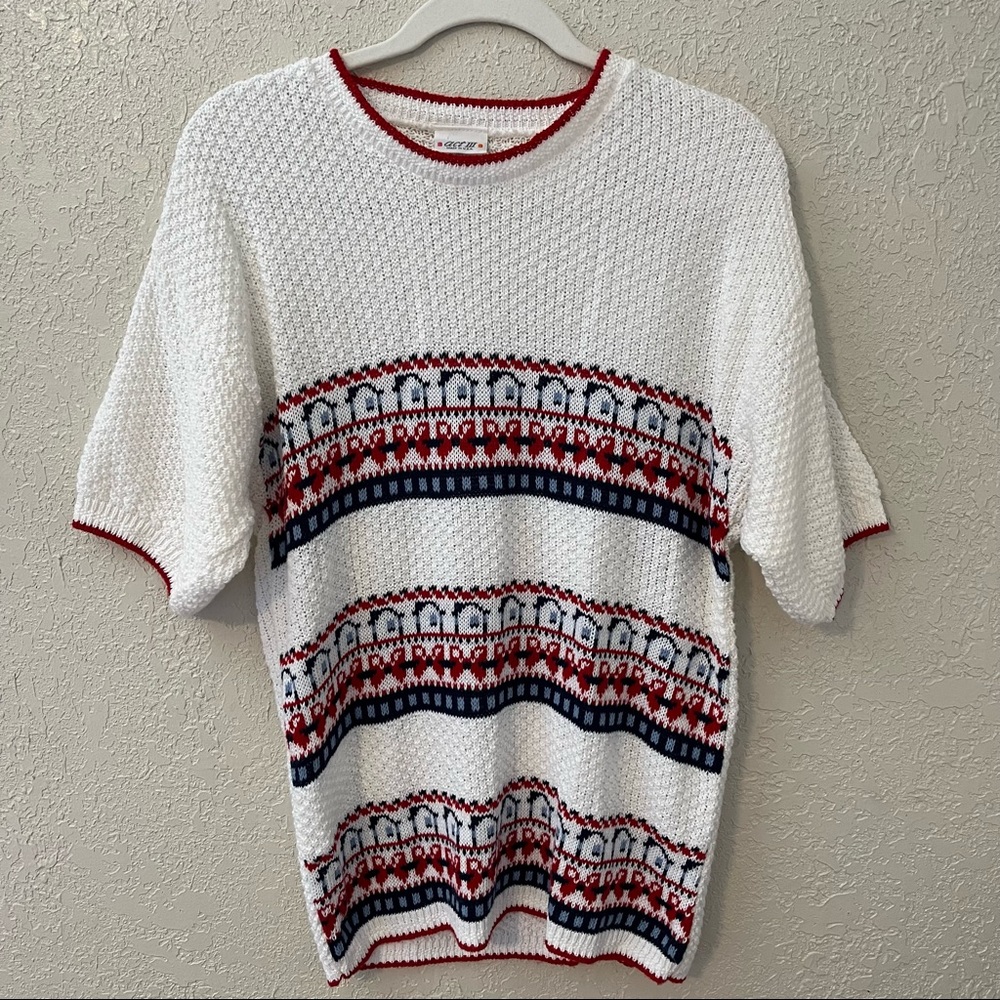 Act III vintage women’s crochet short sleeve sweater, Large, white